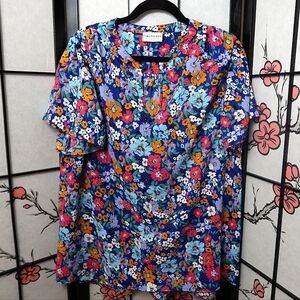 First Love Floral Blouse Ruffle Short Sleeves - Blue and Pink Size Medium